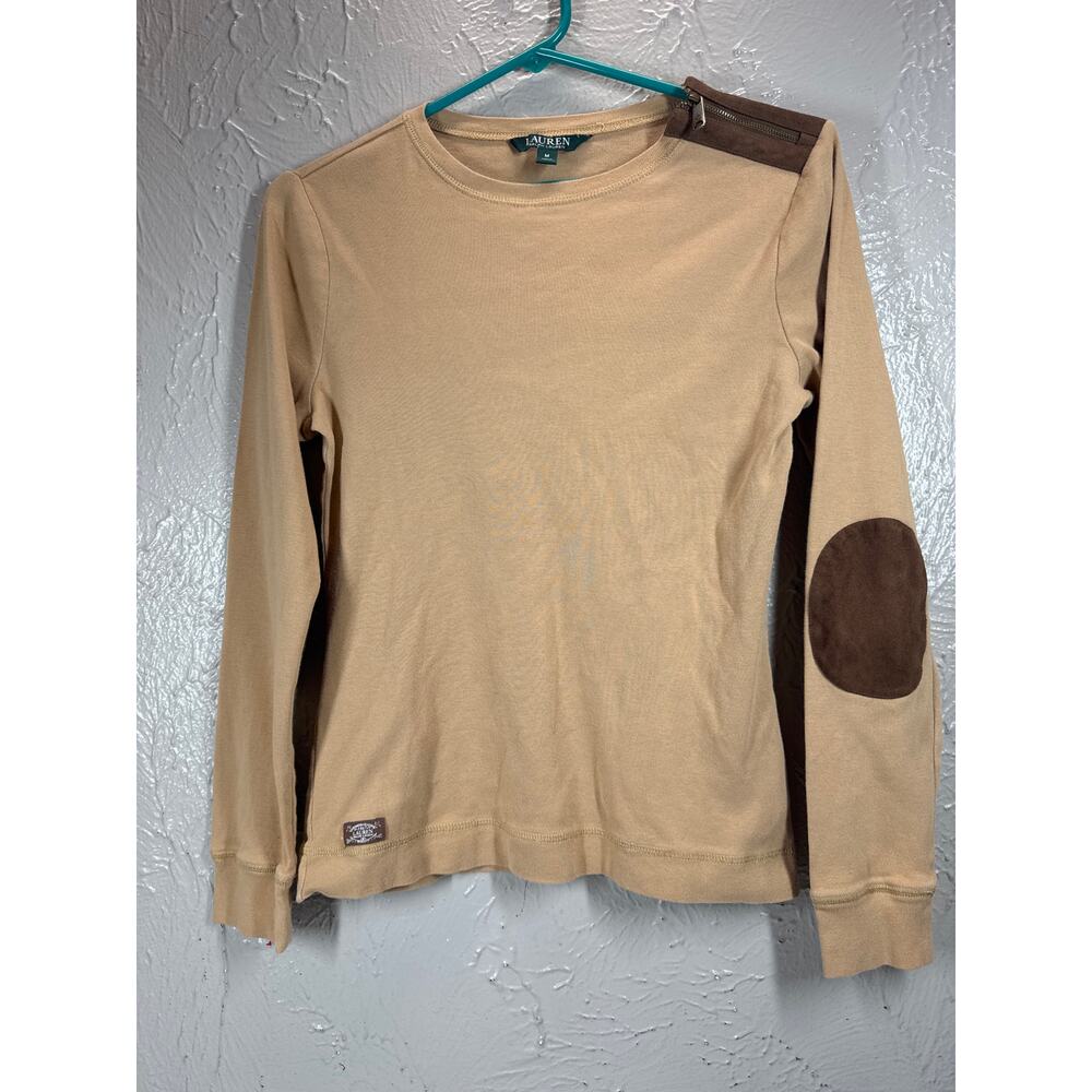 Lauren Ralph Lauren Womens Brown Long Sleeve Shirt Faux Suede Elbow Patch Medium